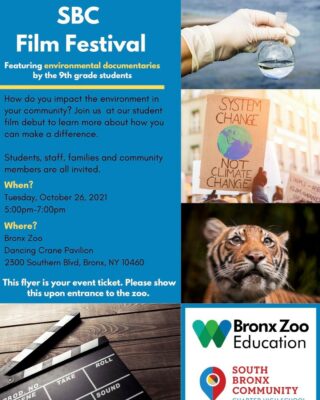 This Tuesday evening (weather permitting), join us at the Bronx Zoo's Dancing Crane Pavilion for our SBC Film Festival. Our 9th grade scholars took up residency at the Bronx Zoo to begin this school year and explored the question - How do you impact the environment in our community? Join us to hear their compelling call to action to save our environment and our wildlife. #bronxzoo #WCS #southbronxcommunity